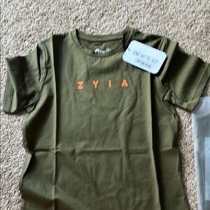 Zyia Olive Green T-Shirt with Orange Logo NWT #6592